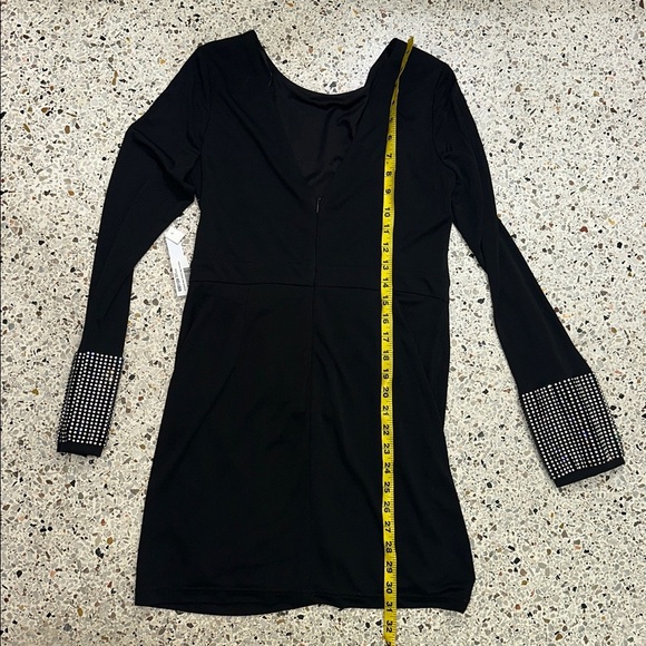 NWT Aqua Luxe v back black mini dress rhinestone embellished sleeve small s - Picture 6 of 7